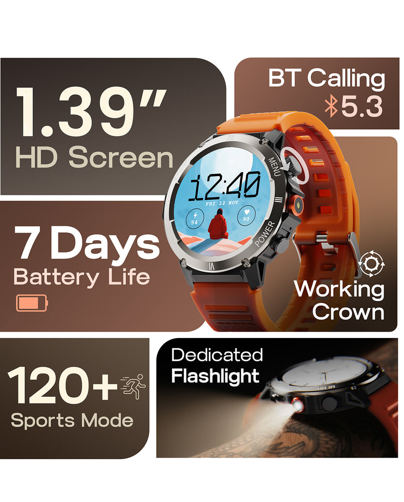 GoBoult Tuff Hawk Saffron Smartwatch | Round Dial, BT Calling