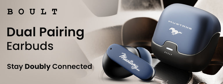 Wireless earbuds with dual device connectivity, featuring a sleek blue and black finish and compact charging case.