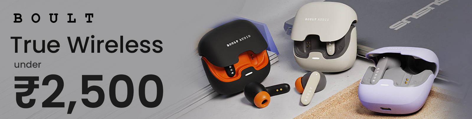 earbuds under 2500 with stylish charging cases in black, beige, and lavender colors.