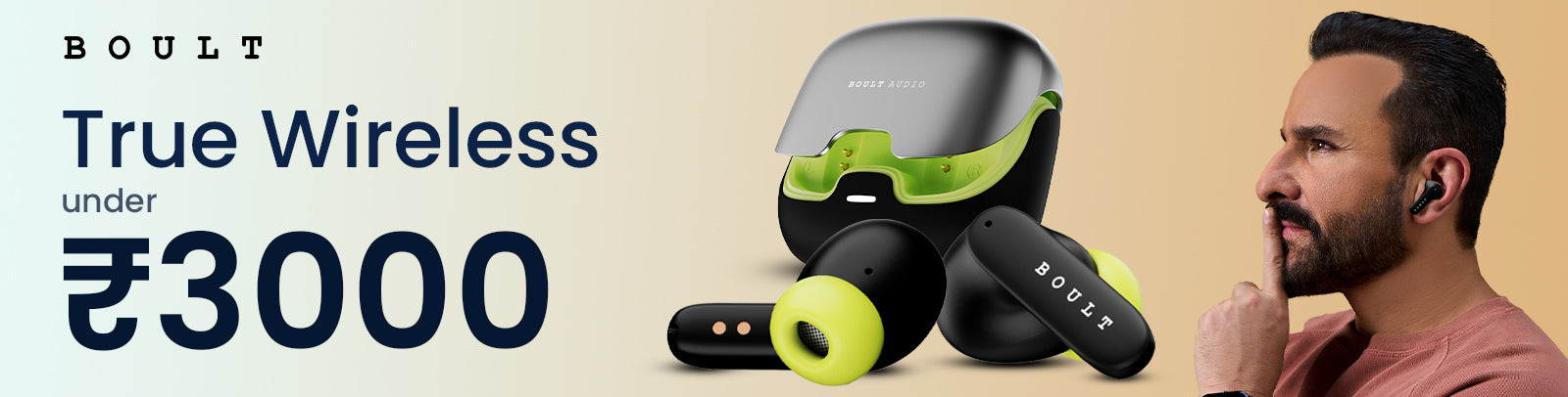 Collection page banner containing "earbuds under 3000" with a earbus and man wearing a boult's earbuds