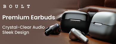 Premium earbuds with crystal-clear audio and a sleek metallic design, featuring a modern charging case.